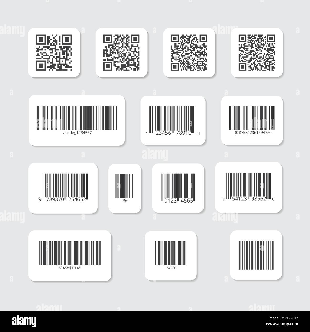 Bar and QR codes on white vector stickers set. Label information data, identification strip illustration Stock Vector