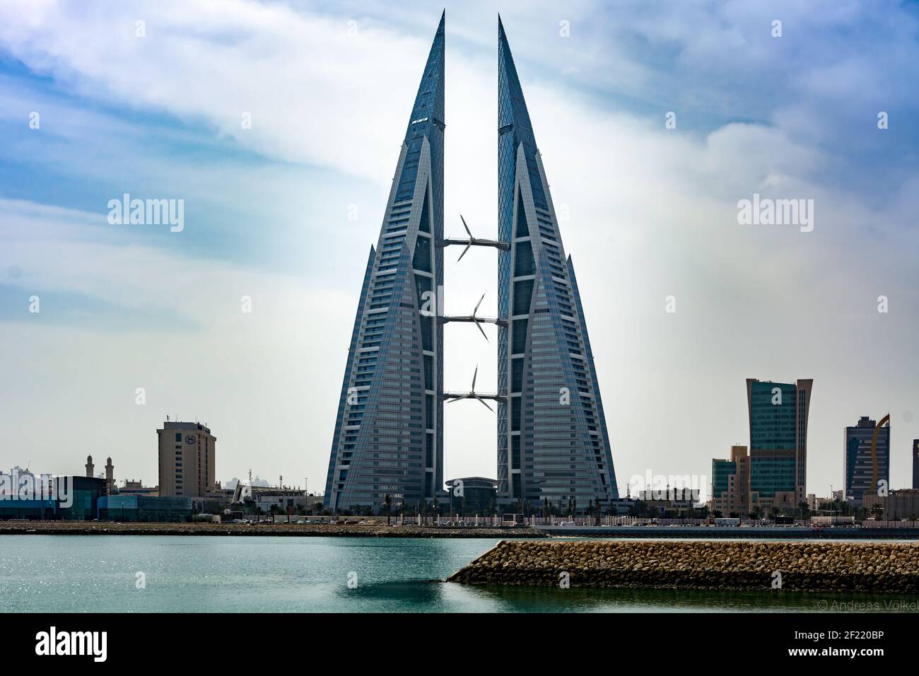 MANAMA, BAHRAIN - Apr 12, 2017: The Bahrain World Trade Center is a building in the Bahraini capital Manama. A specialty of the skyscraper are mounted Stock Photo