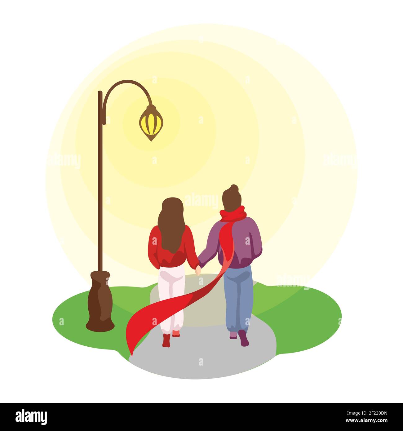 Couple in love girlfriend and boyfriend walk under street light and holding hands. Male and female outdoor walking along park path. Human romantic spring relationship concept vector eps illustration Stock Vector