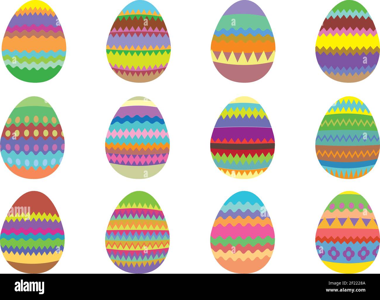 Set of 12 colourful Easter eggs on a white background. Isolated vector illustration. Stock Vector