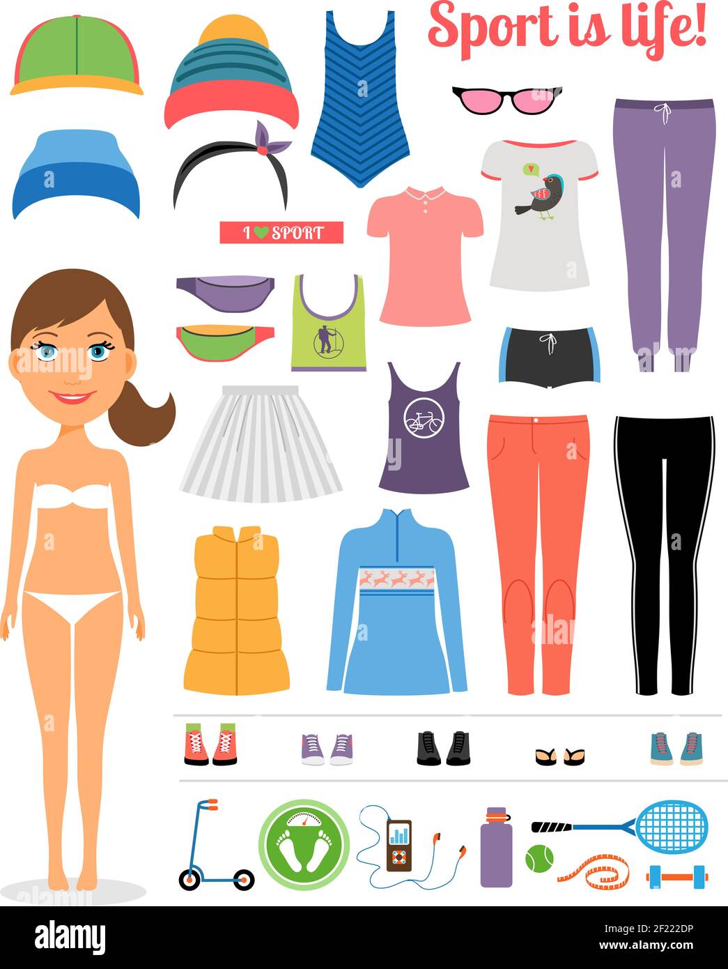 Cute Cartoon Sporty Girl with Assorted Fitness Clothing and Equipment  Emphasizing Sport is Life Concept. Isolated on White. Stock Vector