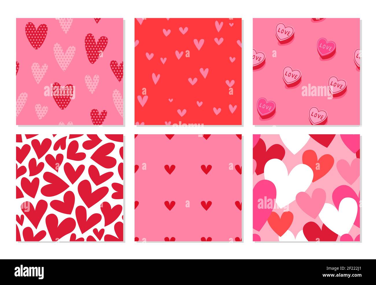 Pink valentine's day heart shape cartoon seamless pattern set. Cute romantic doodle background collection for holiday print or love concept. Stock Vector