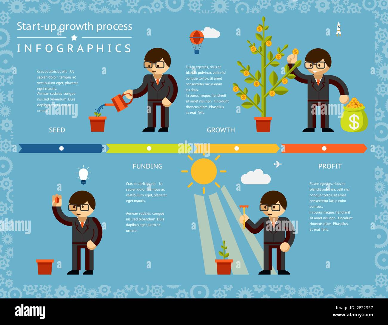 Creative Business Timeline Infographics Design Emphasizing Businessman Planting Tree Concept on Light Blue Background. Stock Vector