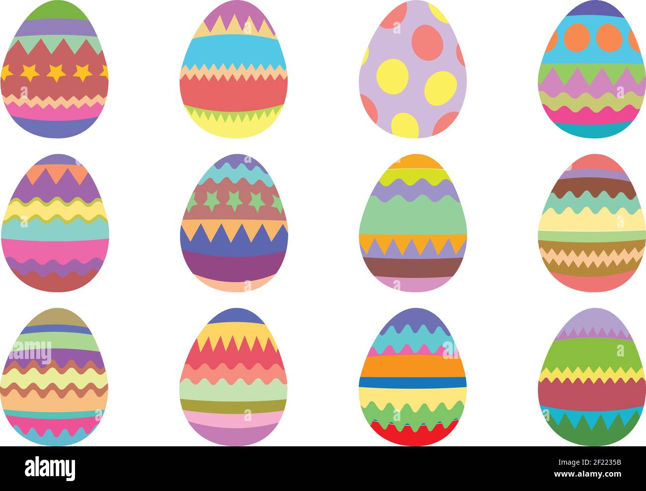 Set of 12 colourful Easter eggs on a white background. Isolated vector