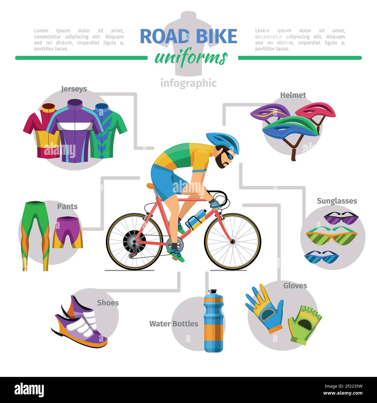Road bike uniforms vector infographic. Bicycle and glove, jersey and helmet, shoes comfort illustration Stock Vector