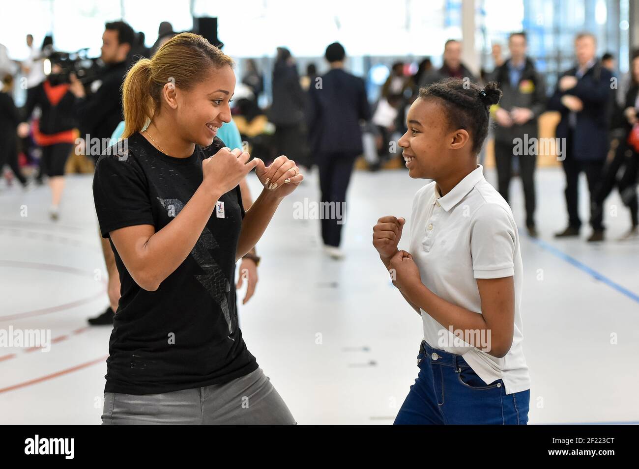 Boxer Estelle Mossely during the meeting between athletes and schoolchildren at College Dora Maar, St Denis, on February 3, 2017 - Photo Alain Gadoffre / KMSP / DPPI Stock Photo