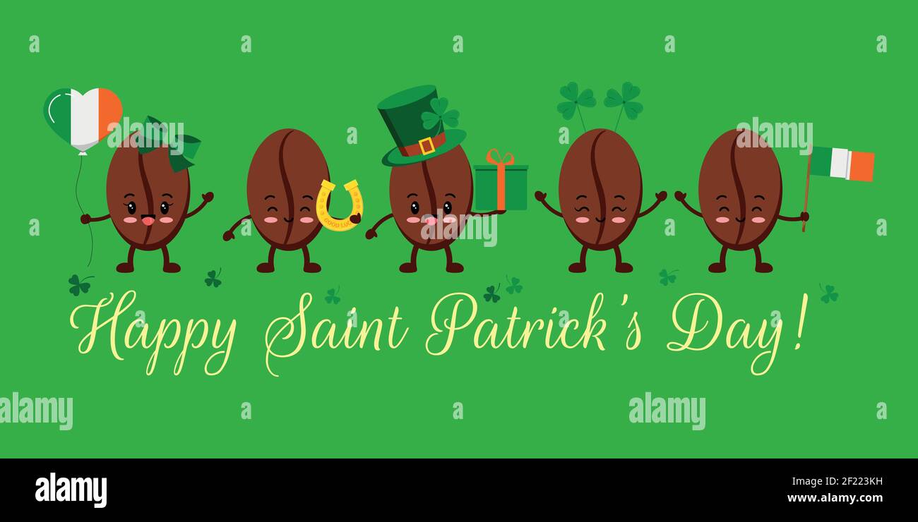 St Patrick day coffee beans on greeting card. Stock Vector