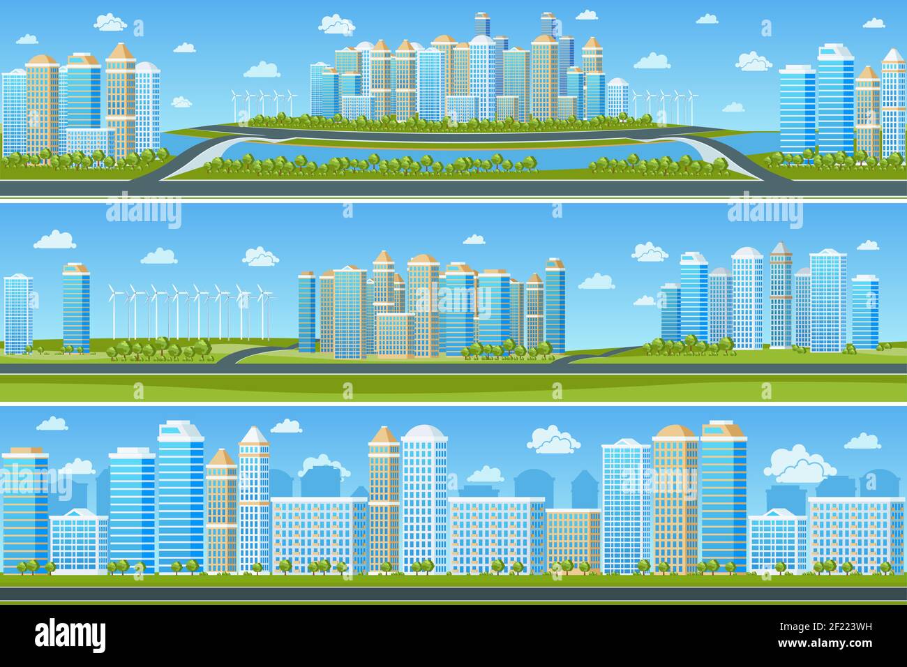 Urban landscape set with modern city. Cityscape building, tree and town ...
