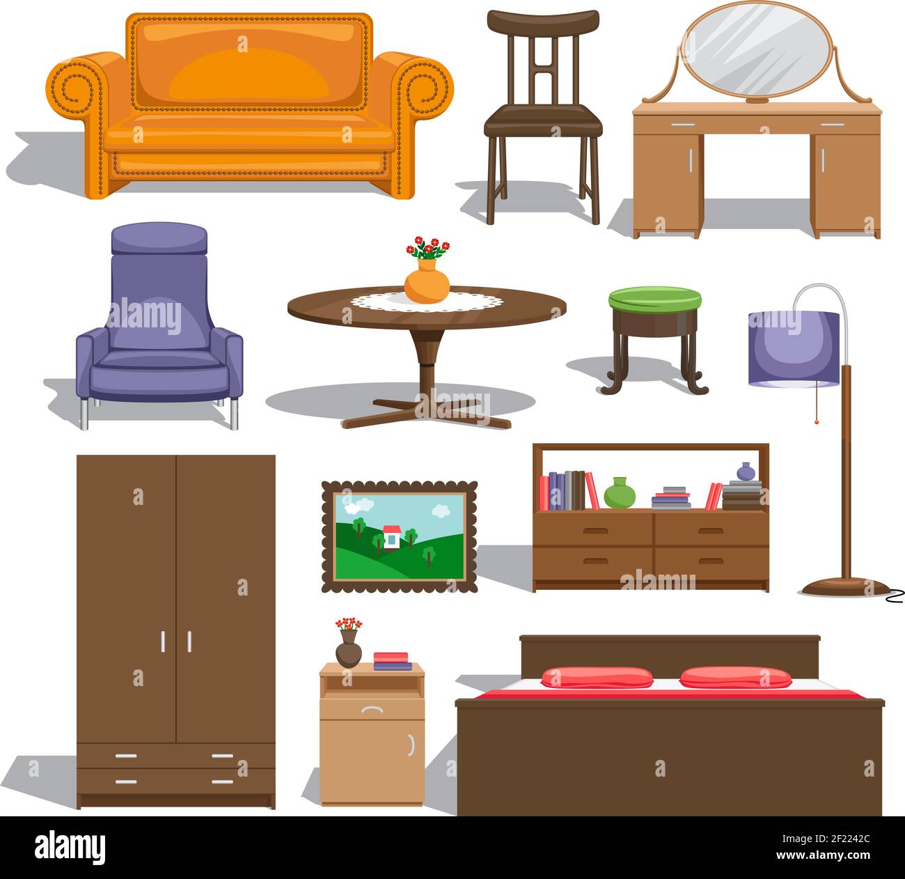 Furniture for bedroom. Lamp and table, chair and picture, chest of ...