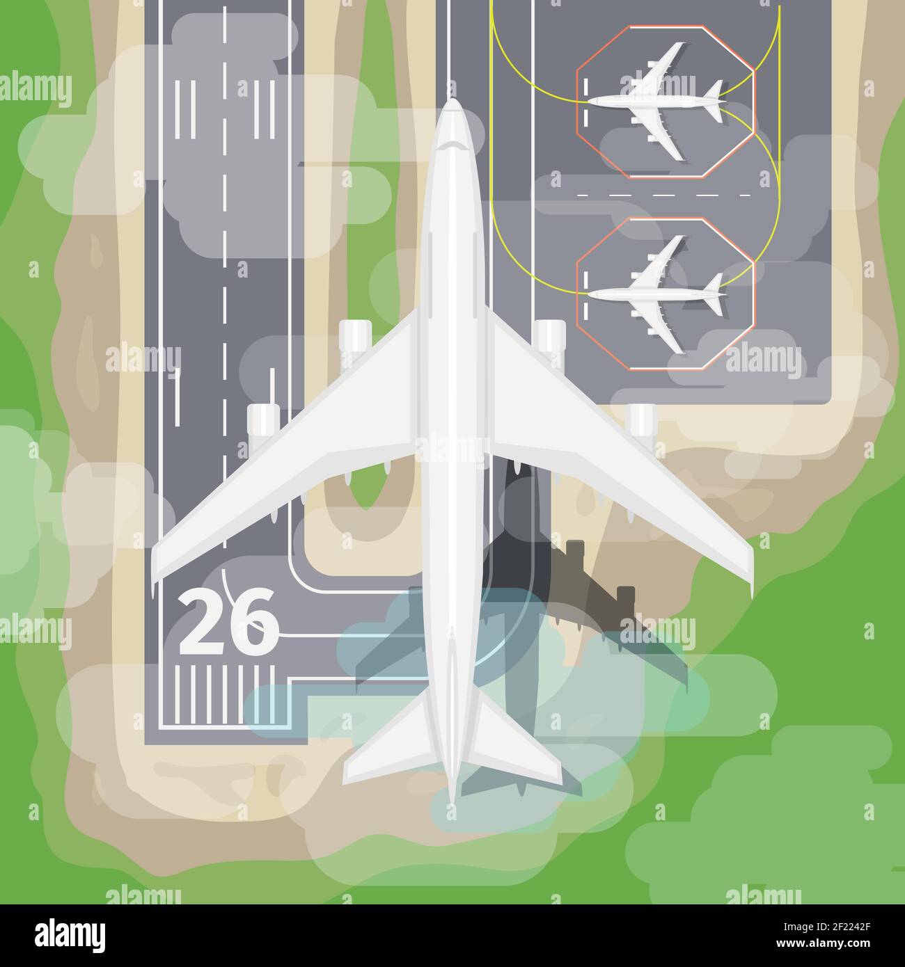 Landing airplane. Transportation to airport, aviation in sky, vector illustration Stock Vector
