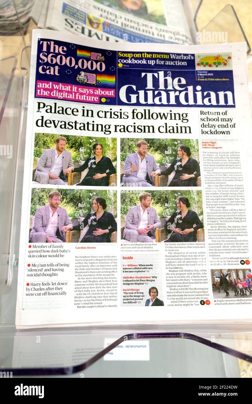 'Palace in crisis following devastating racism claim' at Oprah interview Guardian newspaper headline front page on 9 March 2021 in London England UK Stock Photo