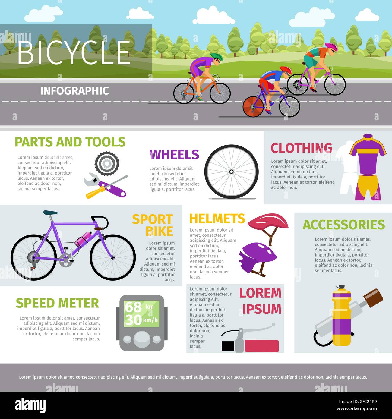 Bicycle vector infographic template in flat style. Sport activity, race and uniform, helmet and bottle illustration Stock Vector