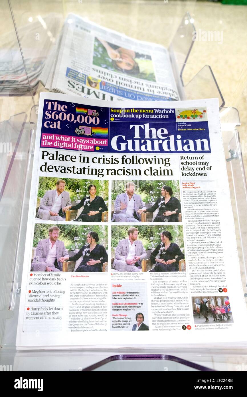 'Palace in crisis following devastating racism claim' at Oprah interview Guardian newspaper headline front page on 9 March 2021 in London England UK Stock Photo