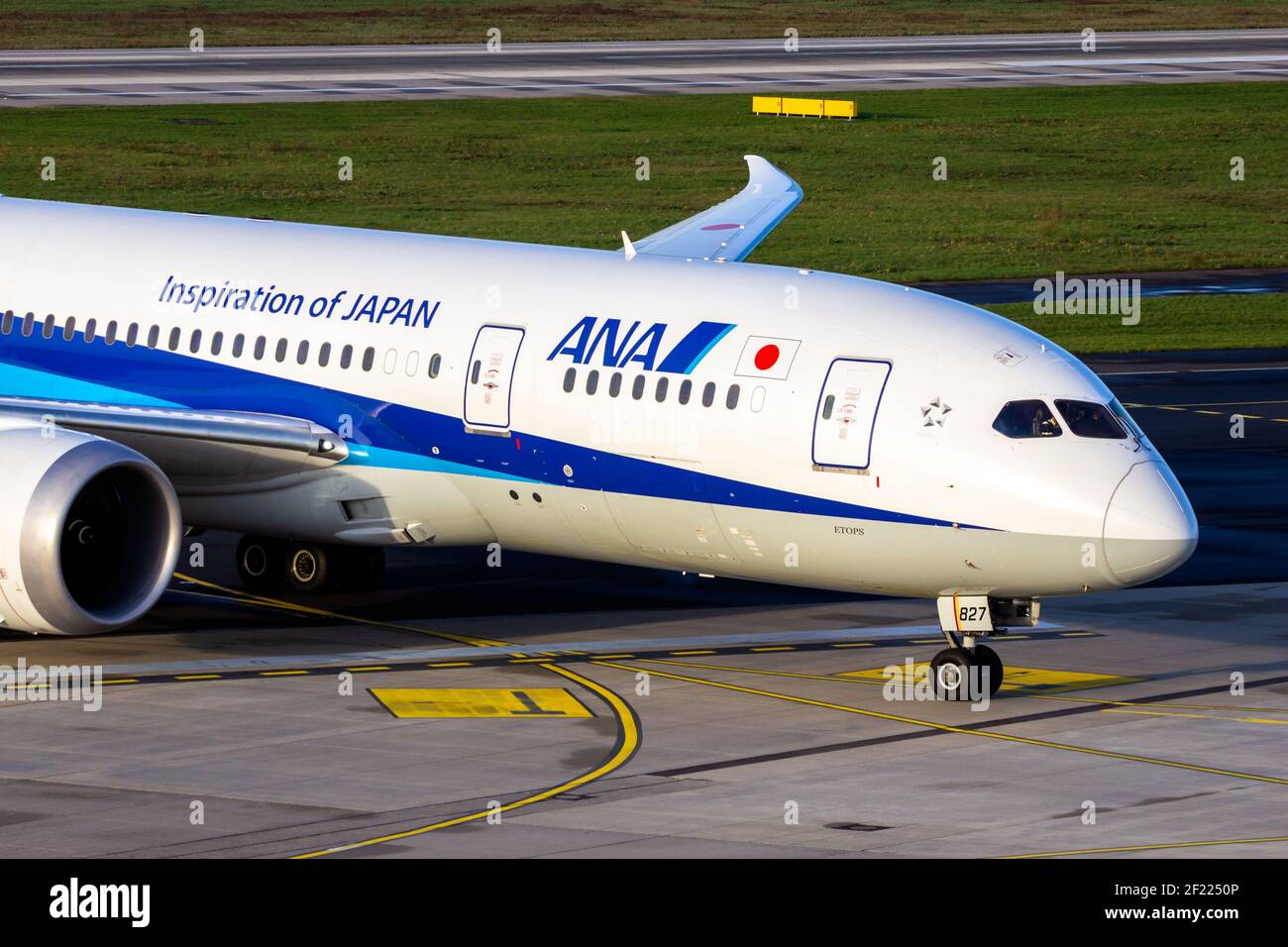 All Nippon Airways (ANA) Boeing 787 Dreamliner passenger plane arricing at Dusseldorf Airport. Germany - February 7, 2020 Stock Photo