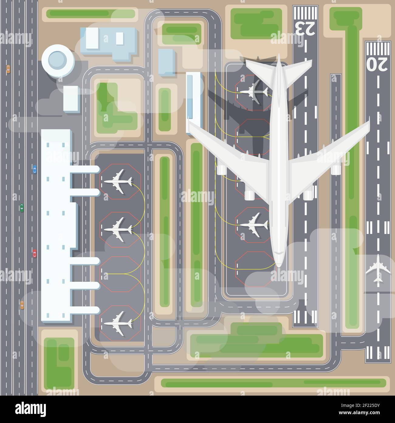 Airport landing strips top view. Aircraft and airplane, arrival, transport airline. Airport landing vector illustration Stock Vector