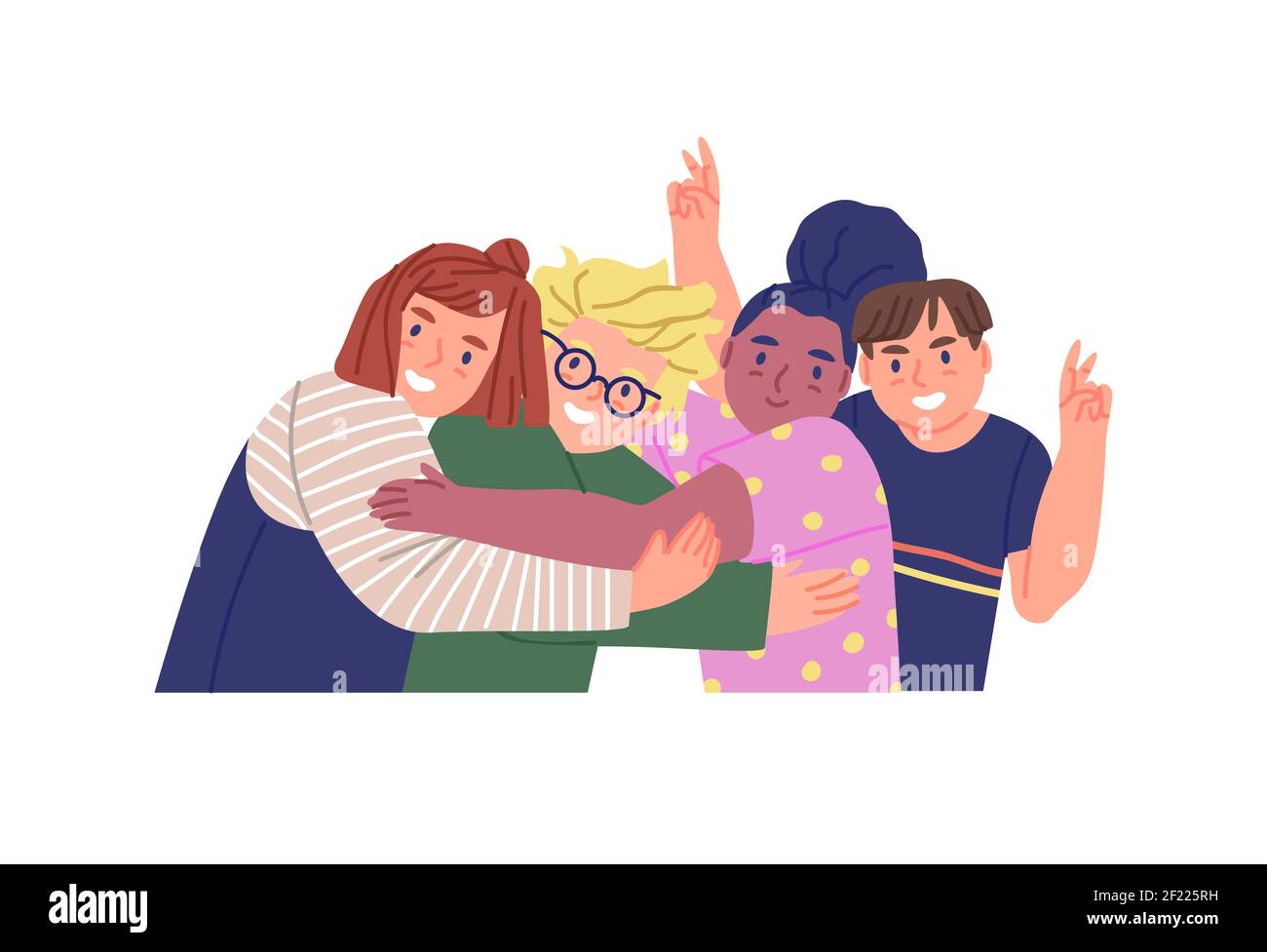 Cute children group hugging together on isolated background. Team of diverse happy kids in modern flat cartoon style. Young childhood friends, social Stock Vector