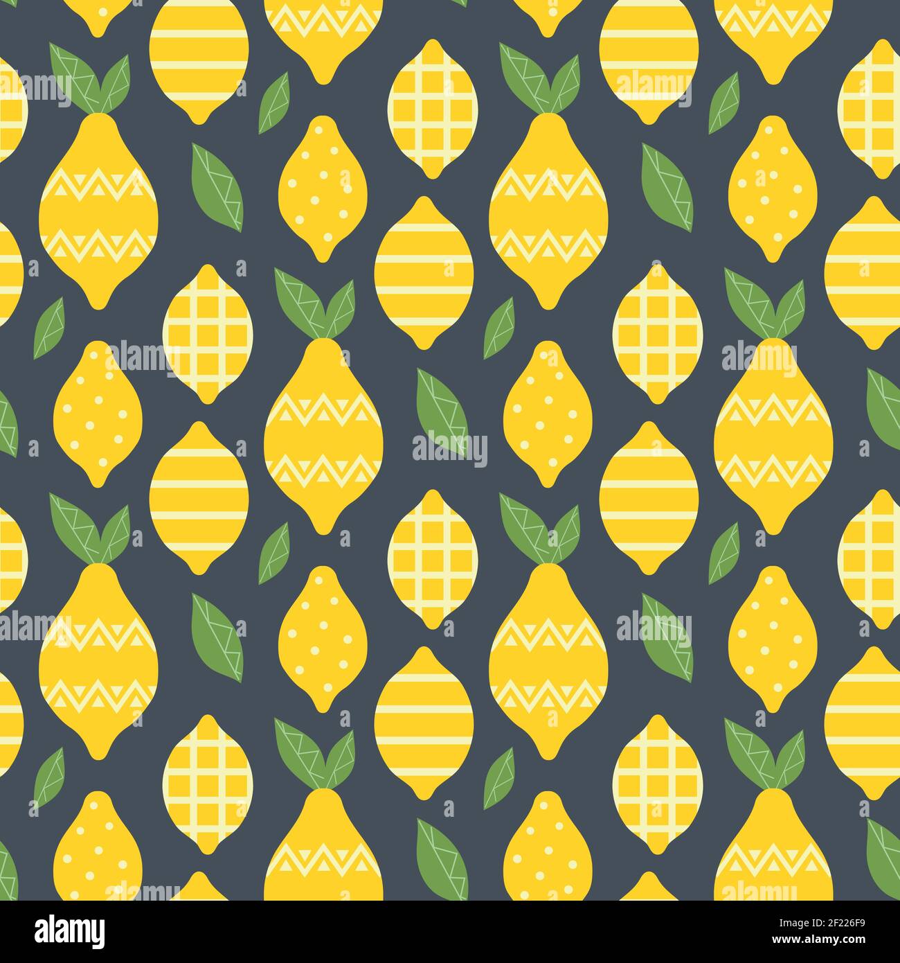 Lemon summer fruit with ornament seamless pattern on dark background. Stock Vector