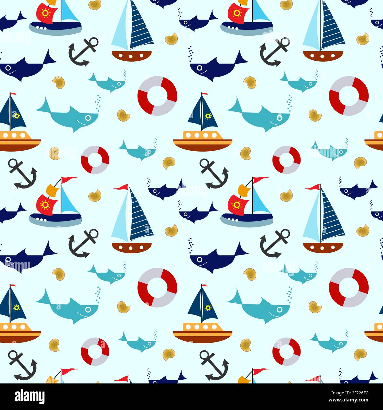 Pattern with sea with ships and fish. Stock Vector