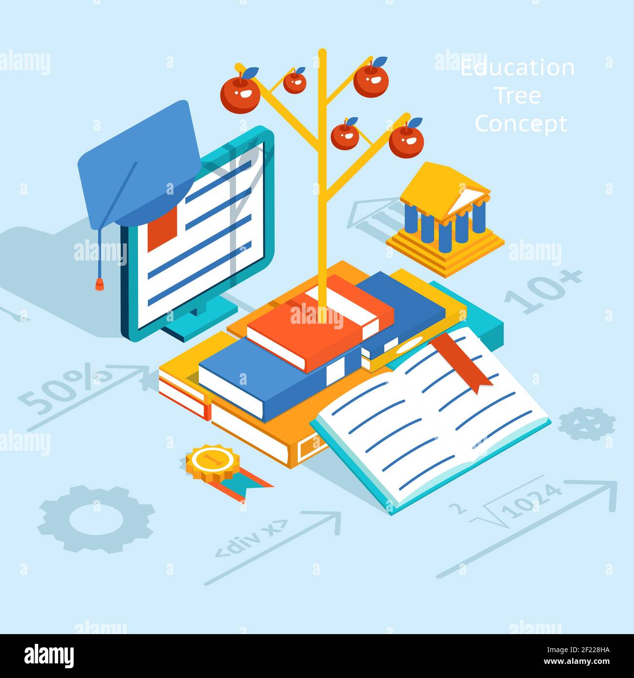 Colored Three Dimensional Education Tree Concept Graphic Design on Light Blue Background. Emphasizing Computer and Books Stock Vector