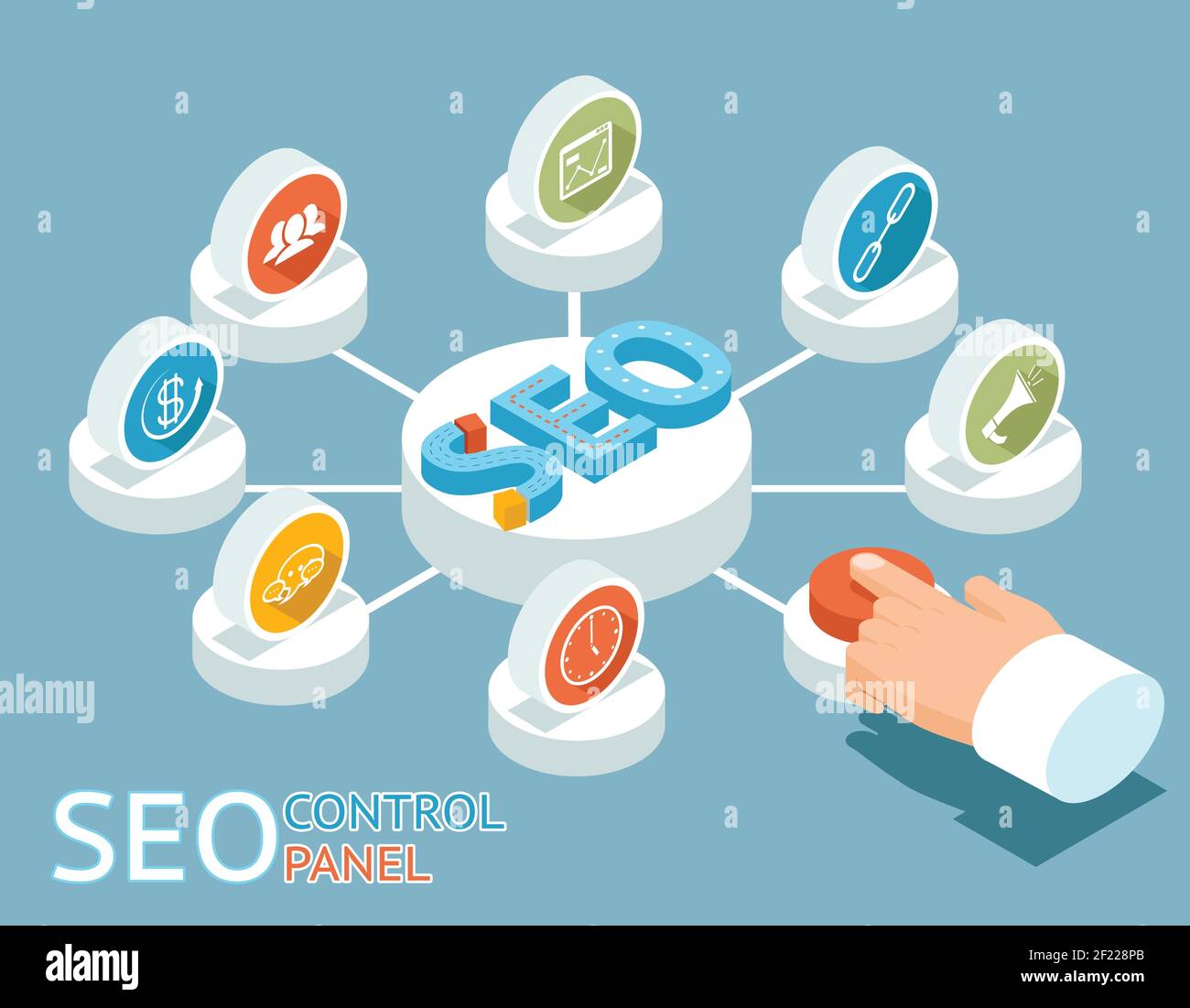 Seo Service Button SEO control panel concept. The hand presses the button on the control ...