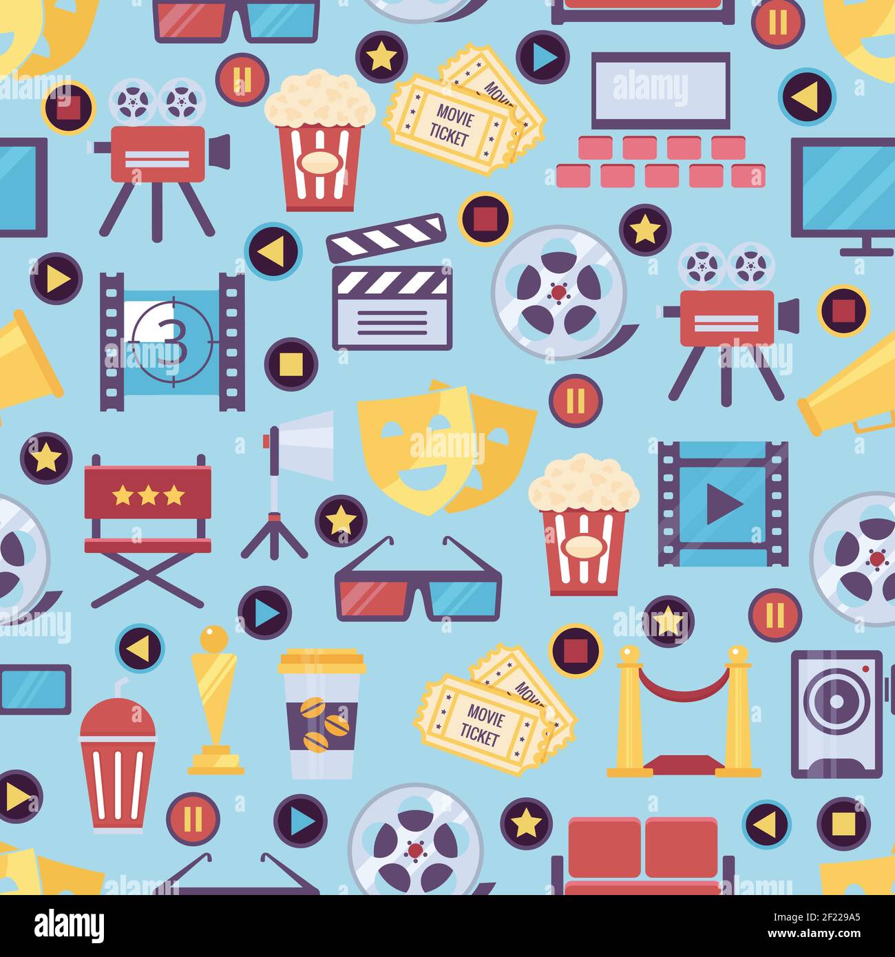 Seamless Various Film and Cinema Graphics on Light Blue for Background Design Stock Vector