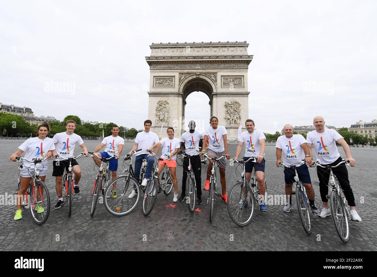 Perrine Laffont, Benjamin Cavet, Samir Ait Said, Co-president of Paris 2024 candidacy Tony Estanguet, Hongyan Pi, Leslie Djhone, Emmeline Ndongue, Guillaume Gilles, Thomas Levet and Thierry Omeyer perform during the Olympics days for Paris 2024 Candidacy, in Saint-Denis, France, on June 24, 2017 - Photo Philippe Millereau / KMSP / DPPI Stock Photo