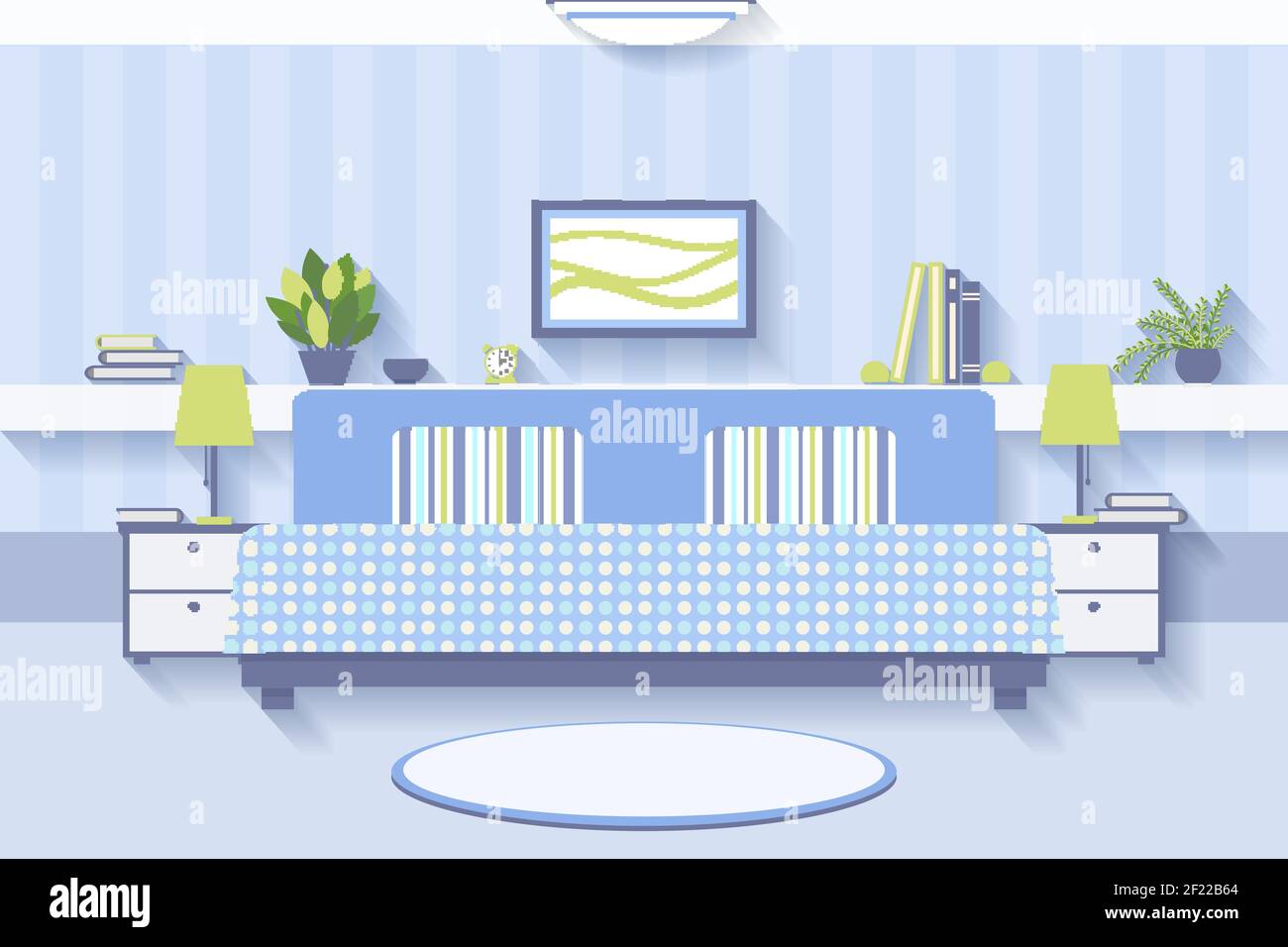 Bedroom interior design. Apartment and indoor comfortable, luxury and lamp. Vector illustration Stock Vector
