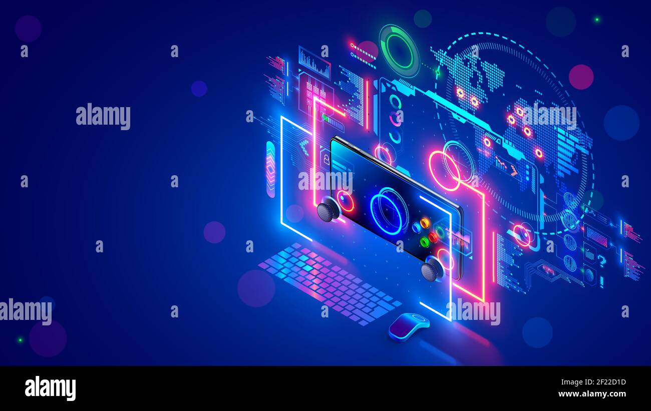Online Computer Or Mobile Video Games Concept Banner E Sports Desk Of  Computer Gamer Monitor Screen Mobile Phone Hover Near Holographic Of Game  Interface Connected Gaming Servers On Virtual Map Stock Illustration 