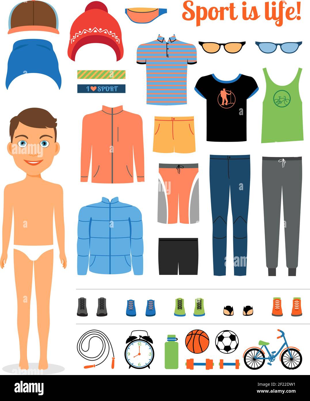Sport boy. Clothing and sports equipment for fitness. Sportswear, hat, jacket. Vector illustration Stock Vector