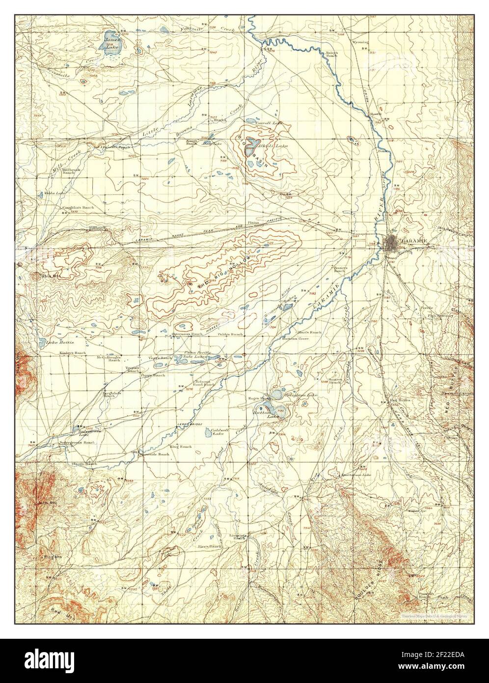 Laramie, Wyoming, map 1908, 1:125000, United States of America by Timeless Maps, data U.S. Geological Survey Stock Photo