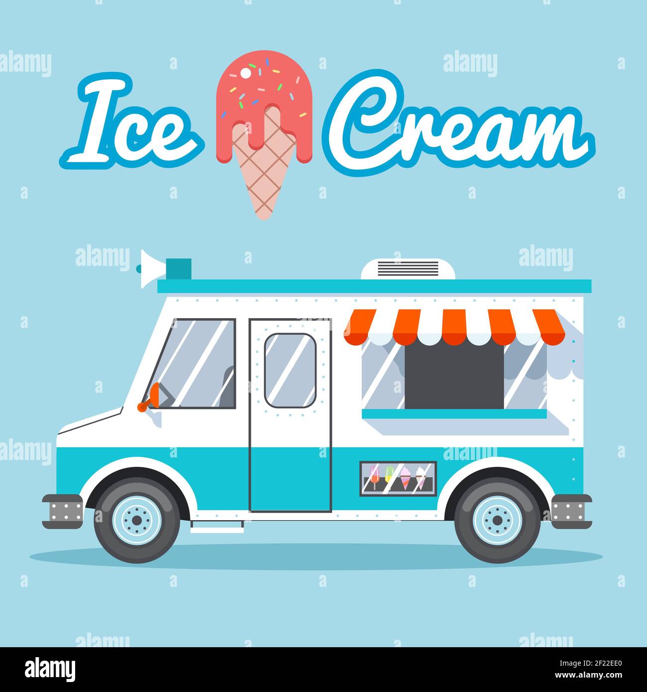 Ice cream truck for sale on a blue background. Vector illustration