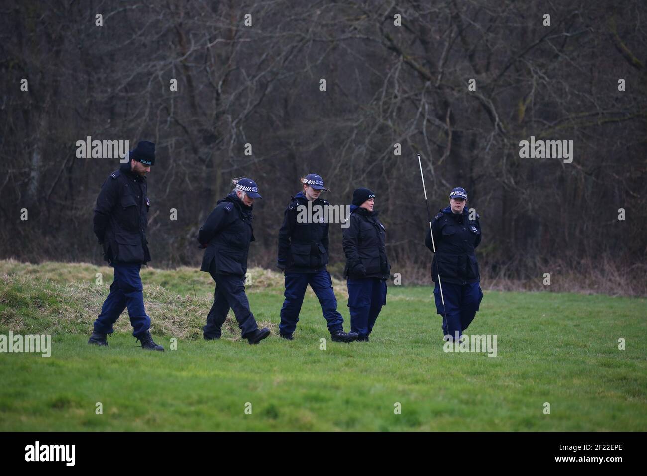 Officers from the Metropolitan Police search land near to Great Chart Golf and Lesiure in Ashford, Kent. A serving Metropolitan Police officer has been arrested in Deal, Kent, in connection with the disappearance of Sarah Everard who has been missing for a week. The 33-year-old disappeared on Wednesday March 3 after leaving a friend's house in Clapham, south London, and began walking to her home in Brixton. Picture date: Wednesday March 10, 2021. Stock Photo