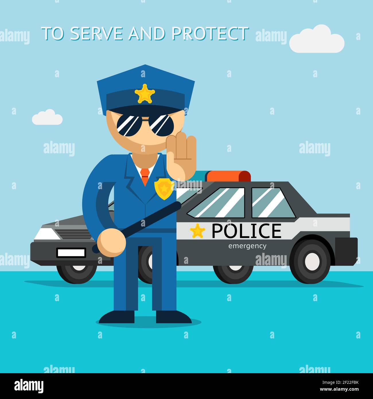 Serve and protect. Police officer stands in front of police car