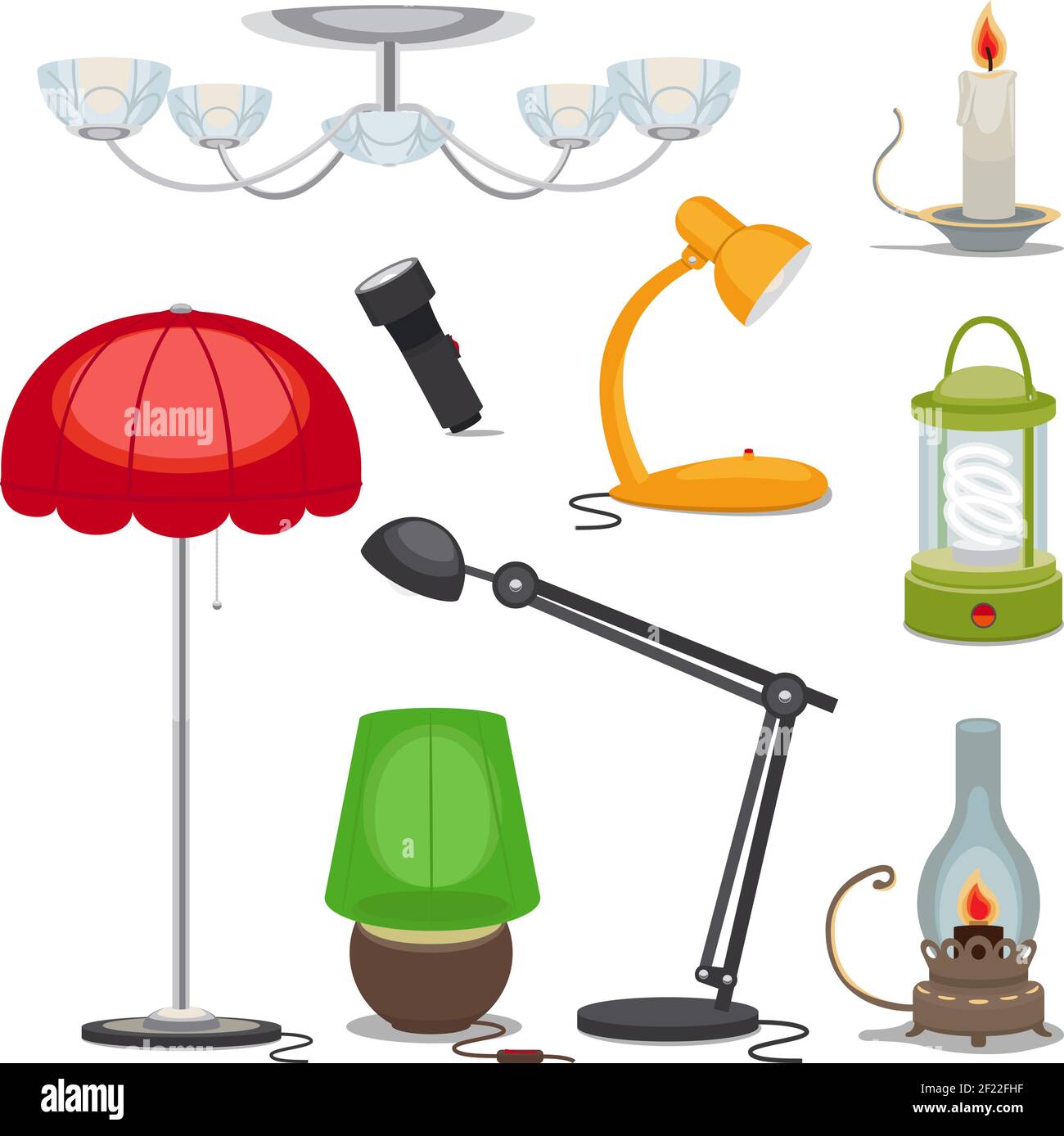 Lamps and lights. Vector chandelier, flashlight, candle and oil lamp