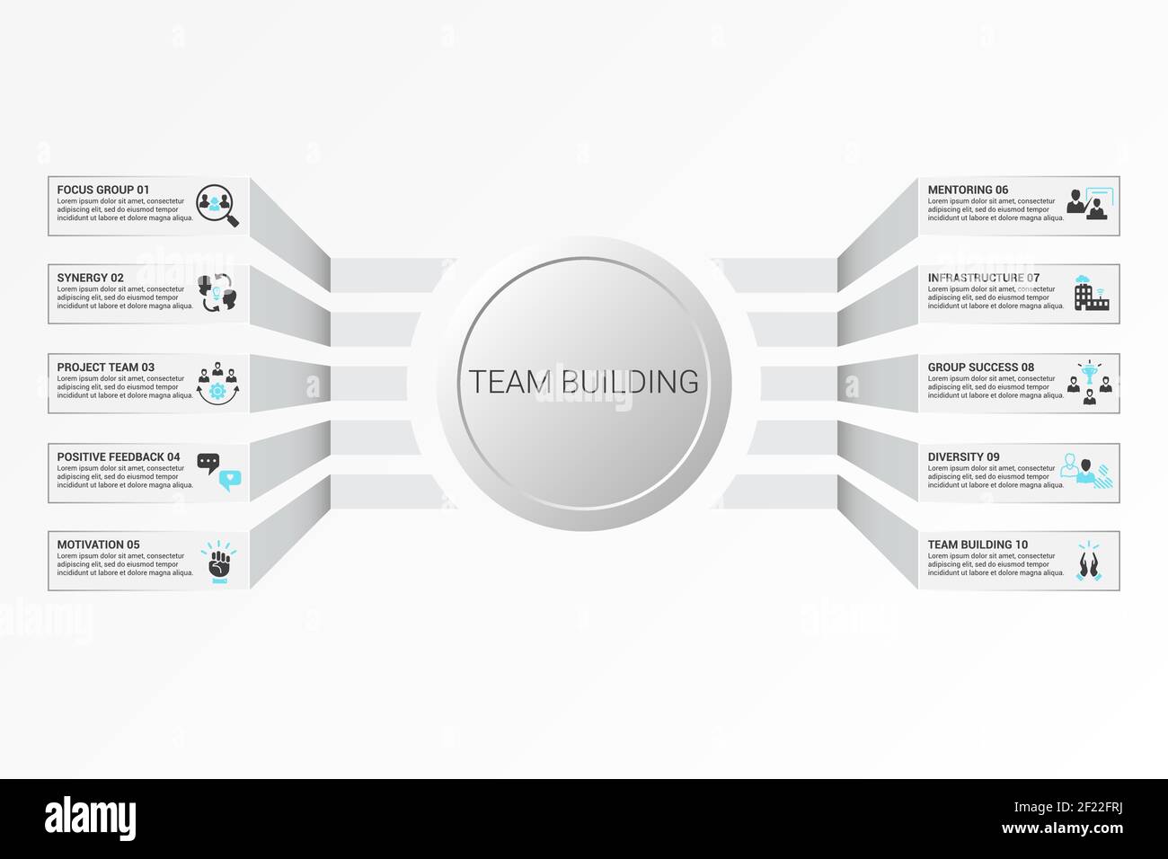 Infographic Team Building template. Icons in different colors. Include ...