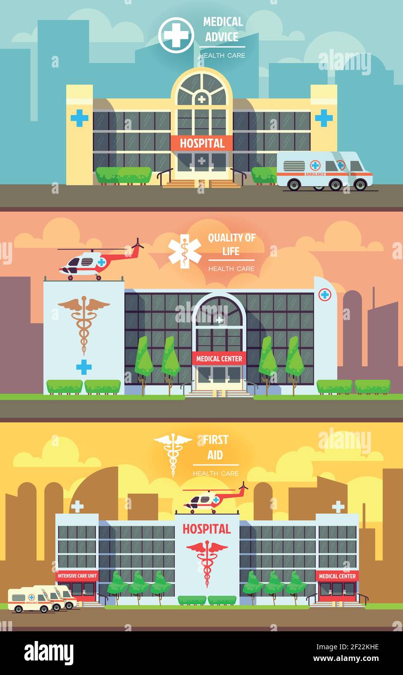 Medical center and hospital building banners set. Health care concept. Building clinic, healthcare medicine quality, vector illustration Stock Vector