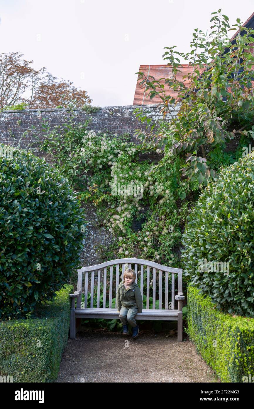 Little boy (3/4 years old) sits alone on a rustic bench in the old walled kitchen garden of Arundel Castle, West Sussex, England, UK Stock Photo