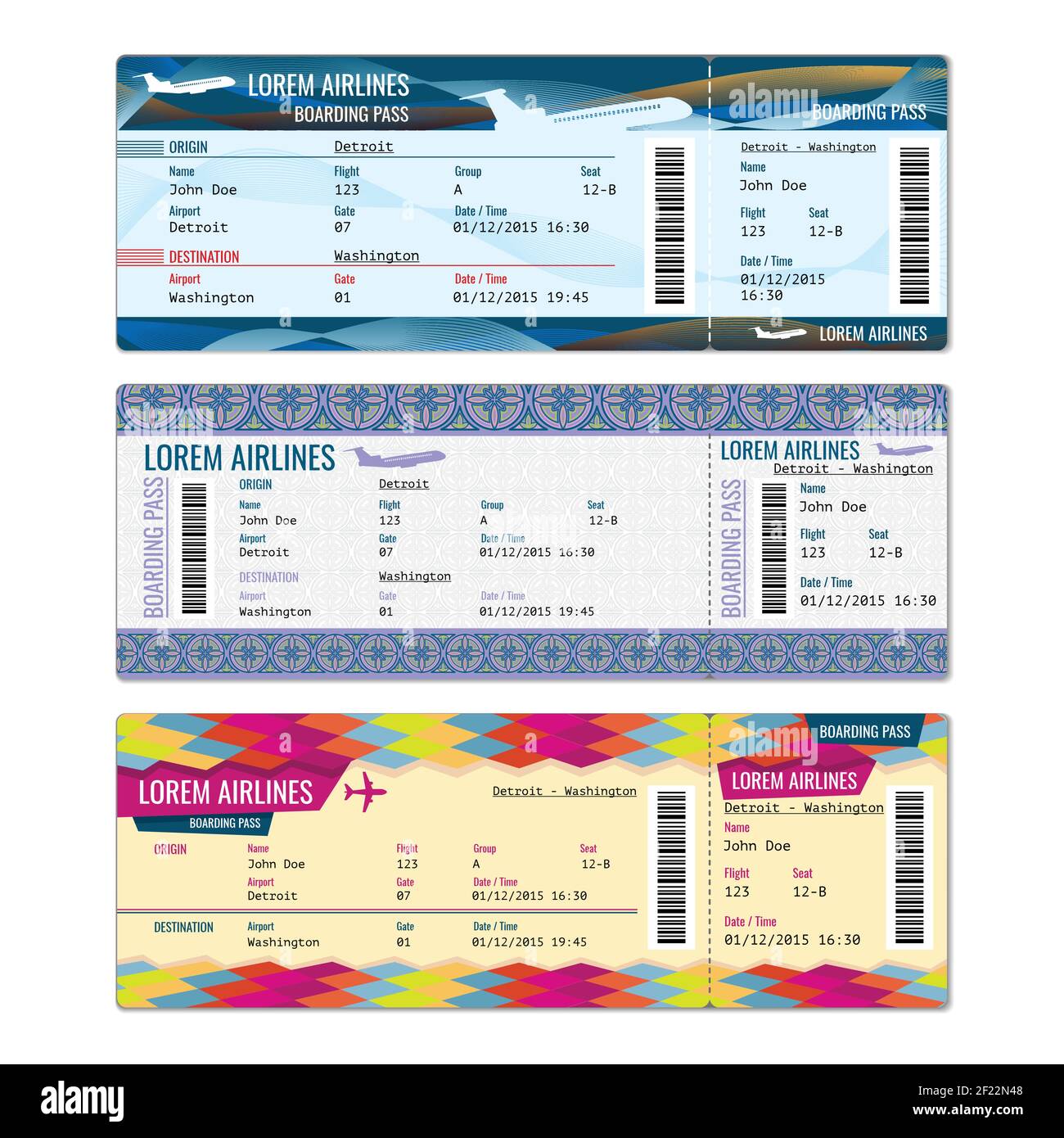Airplane vector tickets set for plane, flight airline, pass boarding illustration Stock Vector