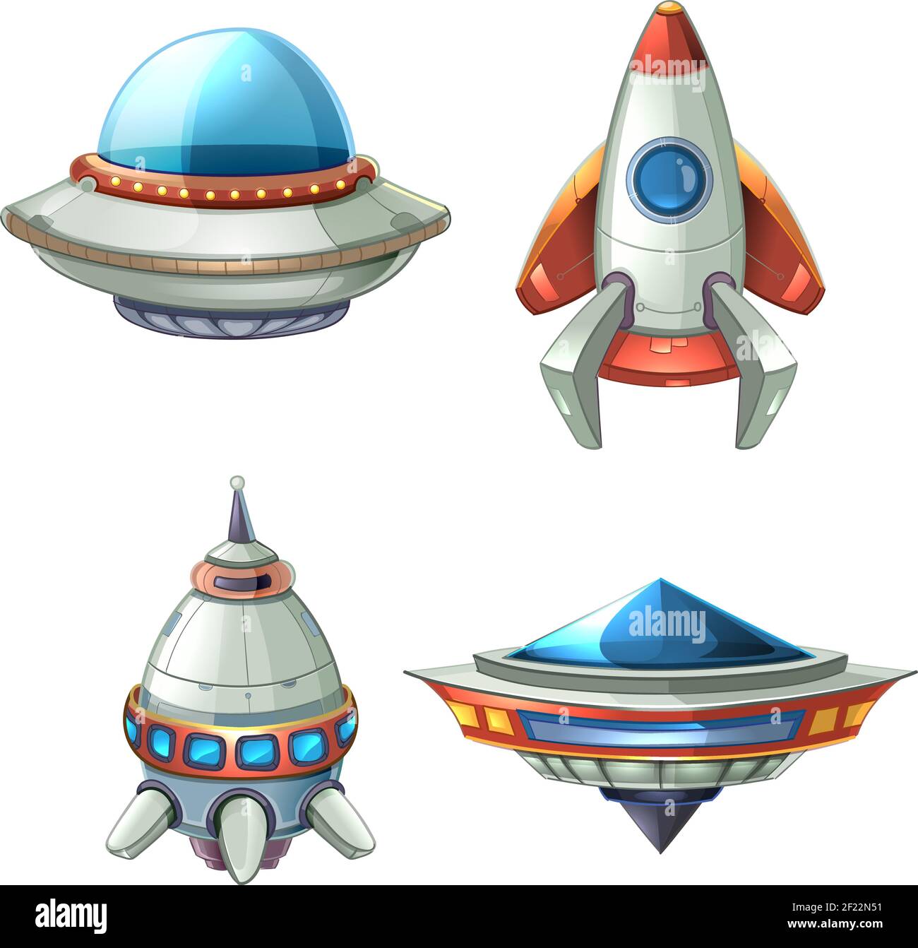 Spaceship and UFO vector set in cartoon style. Rocket and spacecraft ...