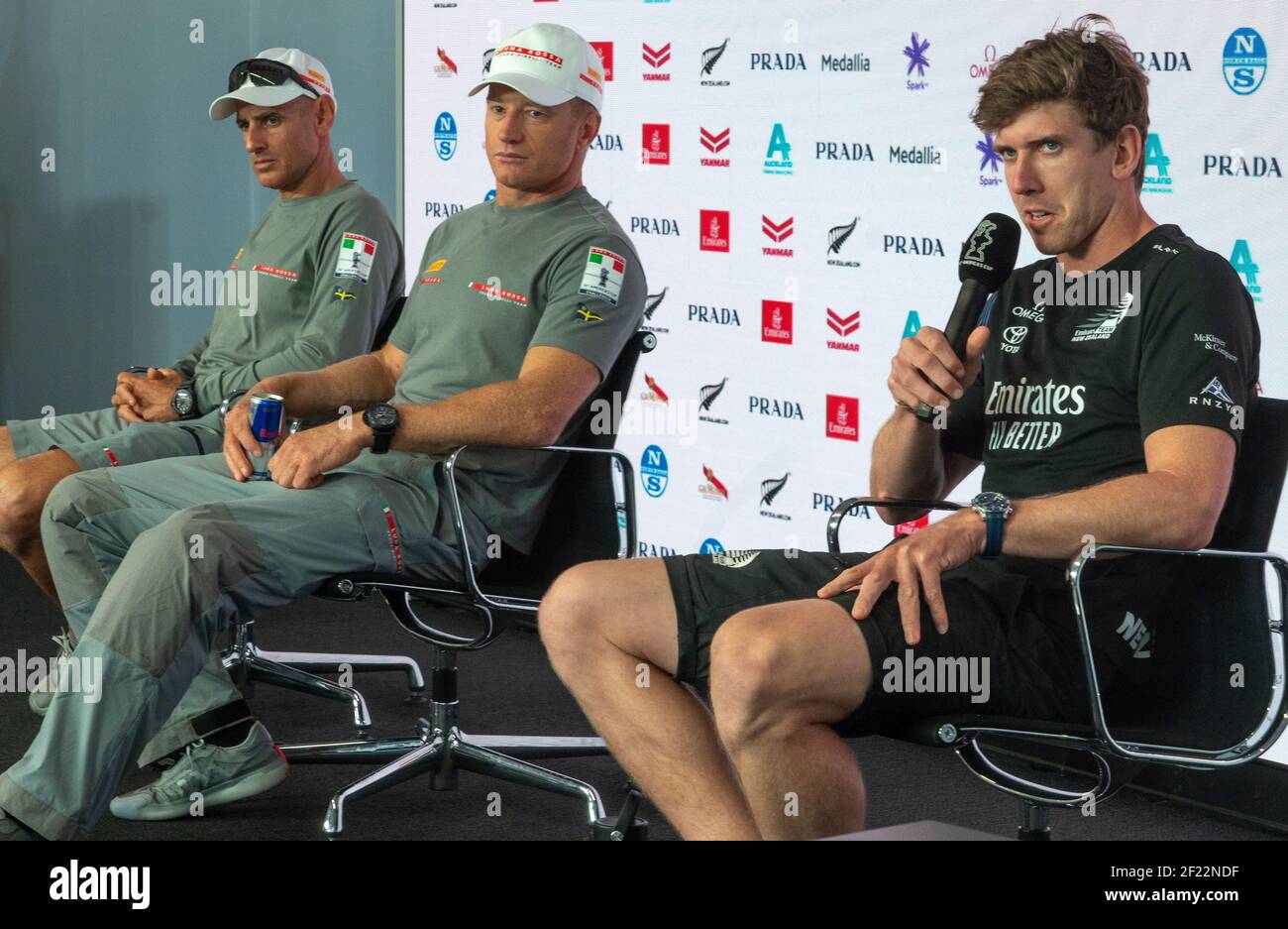 Auckland, New Zealand, 10 March, 2021 -  Defender's  Emirates Team New Zealand skipper Peter Burling (right) and  Luna Rossa Prada Pirelli, co-helms  Jimmy Spithill (center ) and Francesco Bruni attend the after racing press conference following day 1 of the 36th America's Cup.  Rob Taggart/Alamy Live News Stock Photo