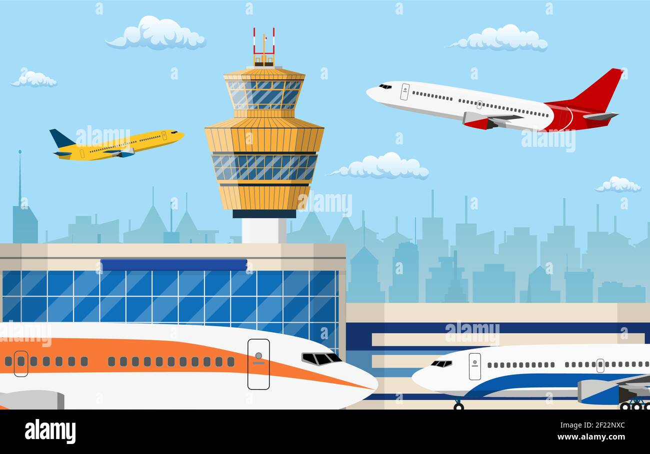 airport control tower and flying civil airplane Stock Vector Image ...