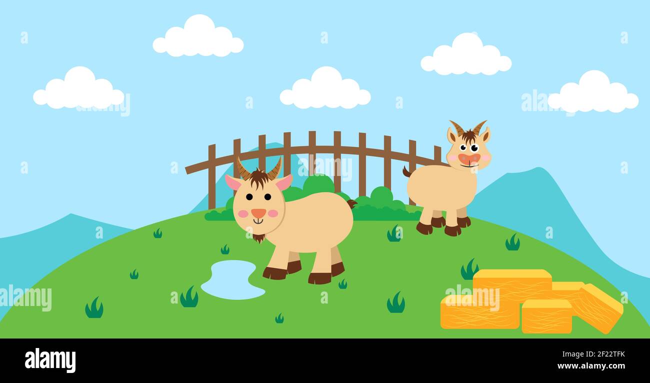 Cute Cartoon Vector Illustration of Goat and Farm Rural Meadow Design ...