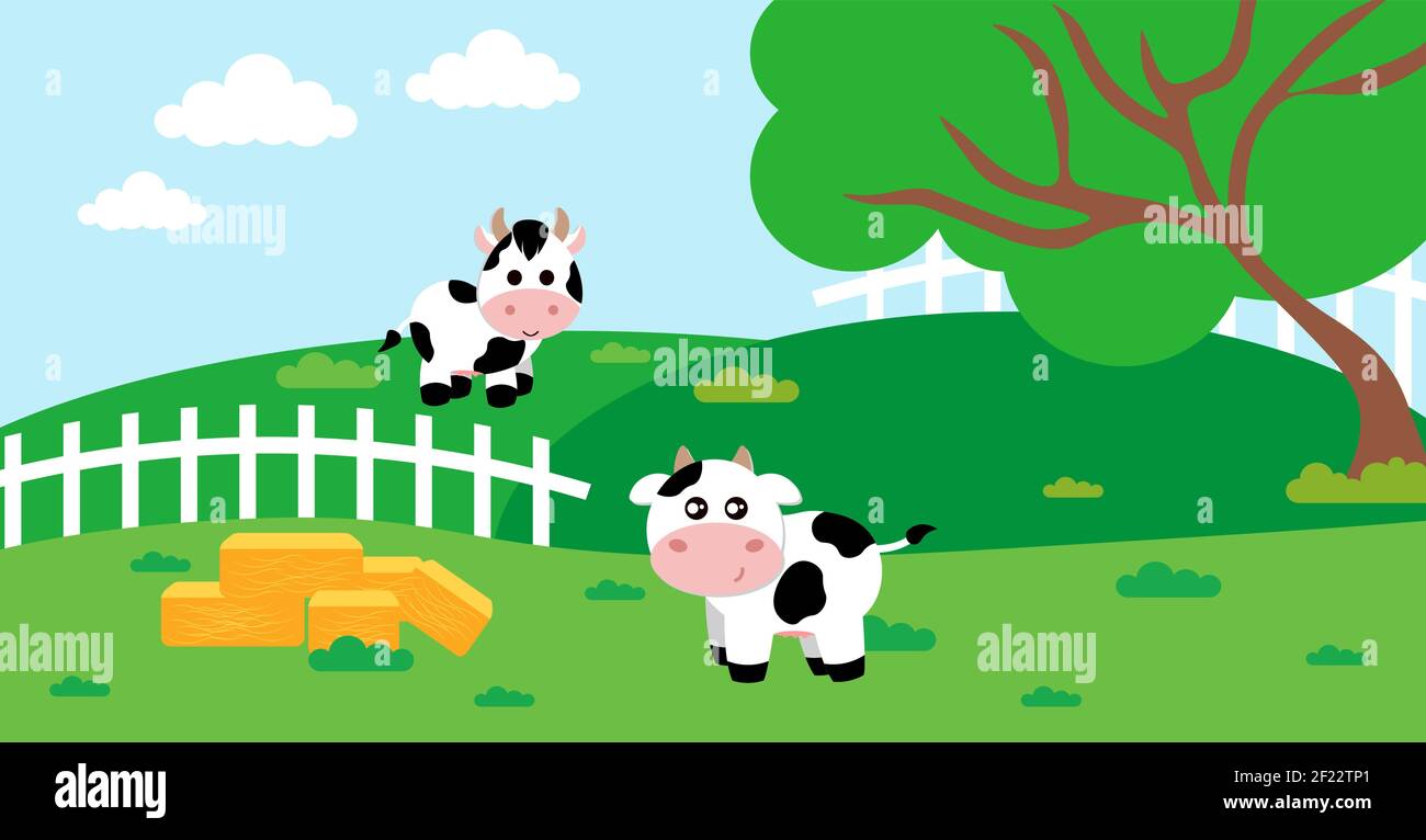 Cute Cartoon Vector Illustration of Cow and Farm Rural Meadow Design ...