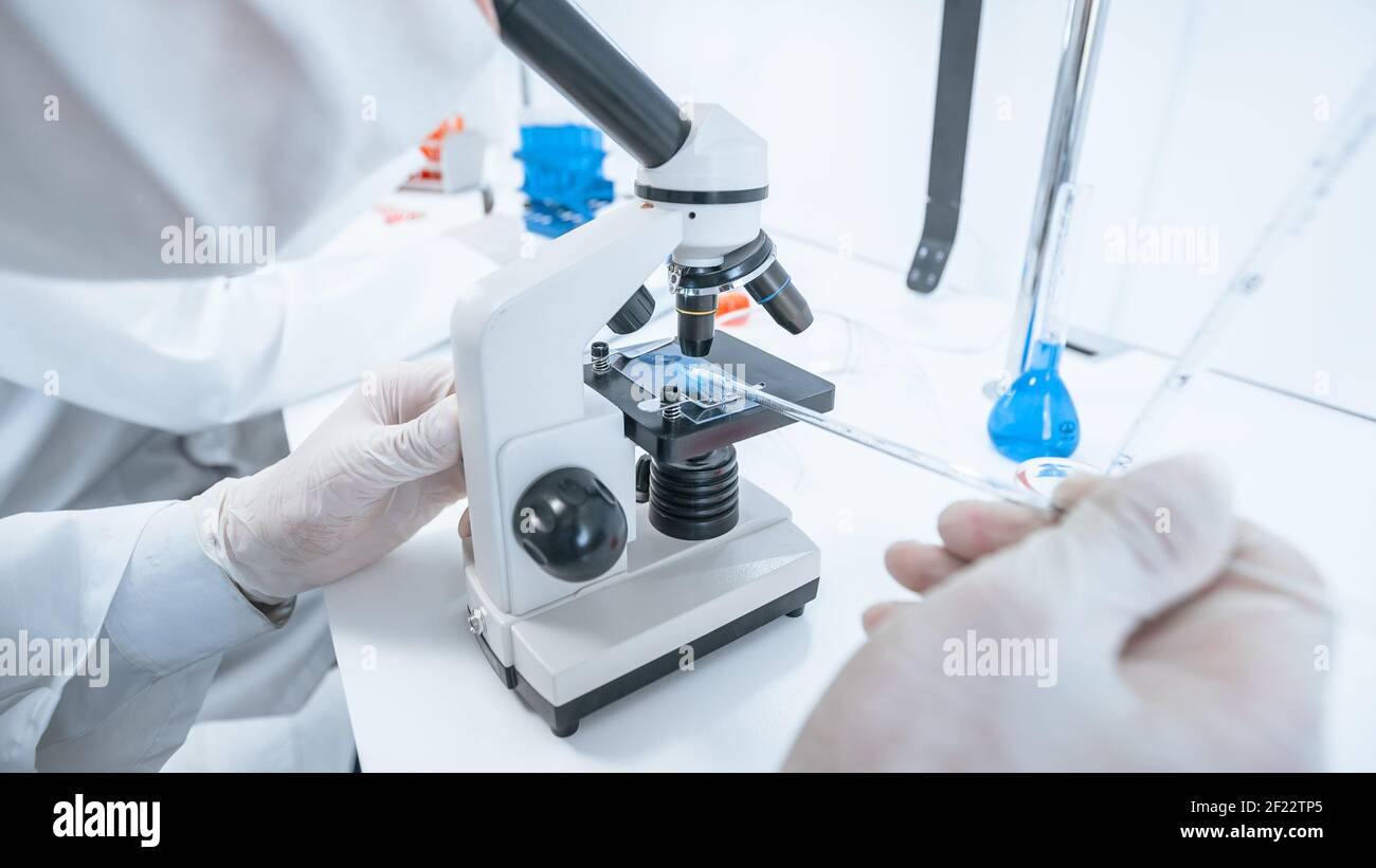 close up. scientist using a microscope in a modern laboratory. Stock Photo