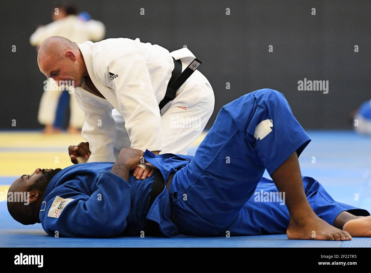 Teddy Riner of France and his coach Franck Chambily during a training  session before the Judo World championships of Budapest, at Insep, in  Paris, France, on August 24, 2017, Photo Philippe Millereau /