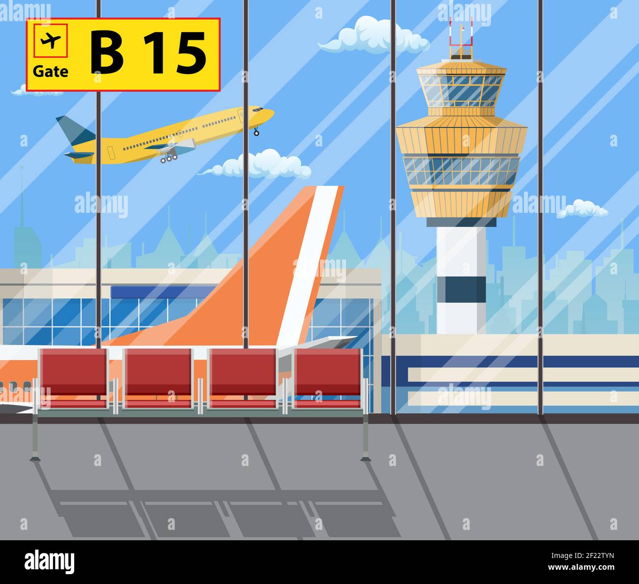 airport terminal with seats, plane, control tower Stock Vector Image ...