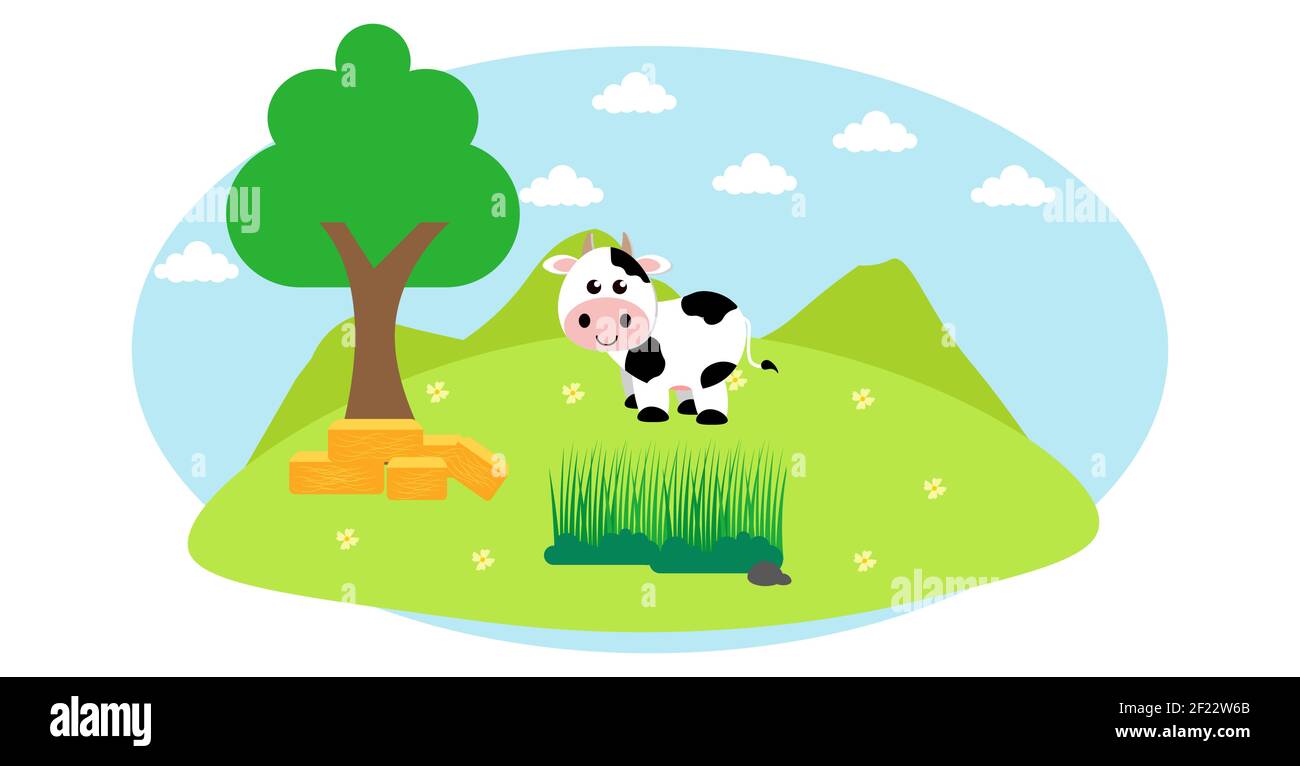 Cute Cartoon Vector Illustration of Cow and Farm Rural Meadow Design ...