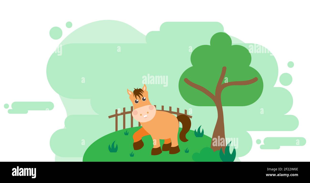 Cute Cartoon Vector Illustration of Horse and Farm Rural Meadow Design ...