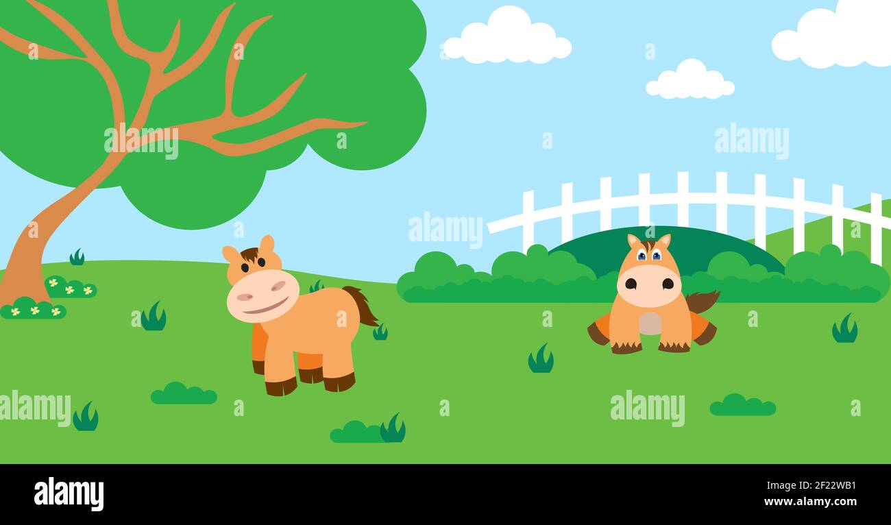 Cute Cartoon Vector Illustration of Horse and Farm Rural Meadow Design ...