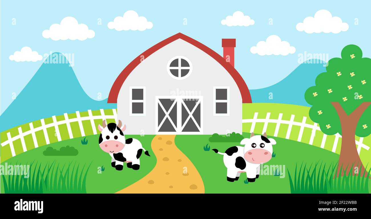 Cute Cartoon Vector Illustration of Cow and Farm Rural Meadow Design ...